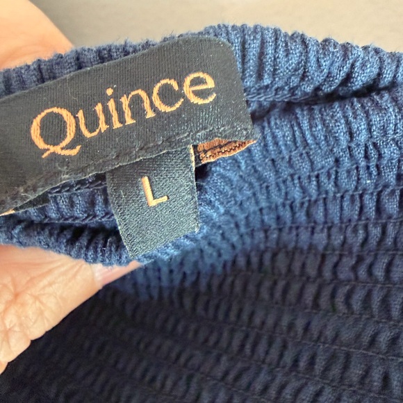 Quince European Linen Smocked Mini Dress Navy Blue Long Puff Sleeve Tiered L - Picture 6 of 6